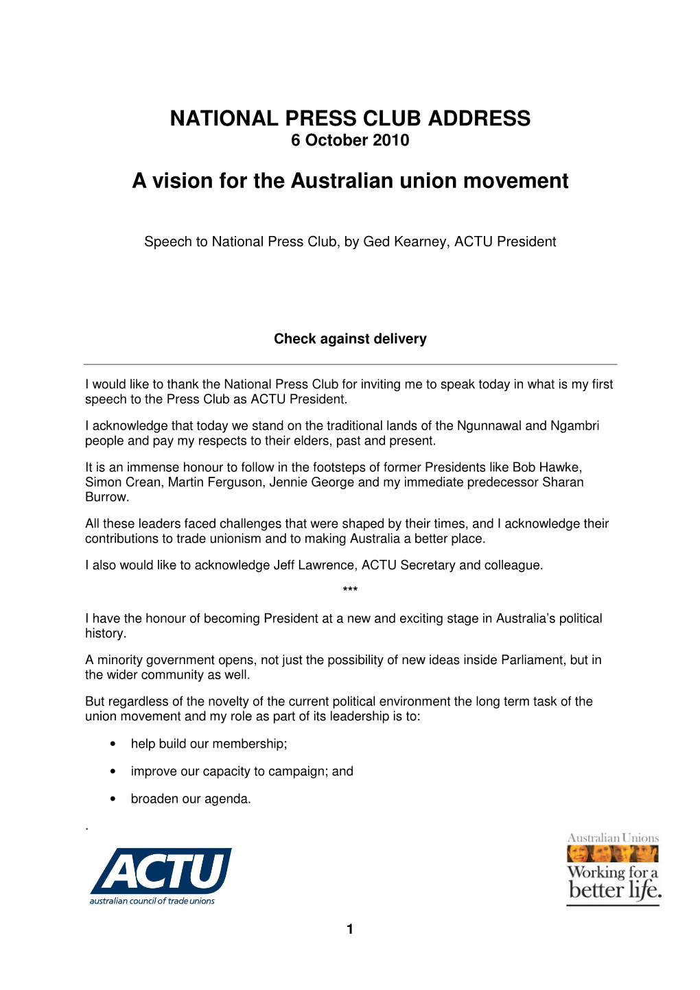 NATIONAL PRESS CLUB ADDRESS a Vision for the Australian Union Movement