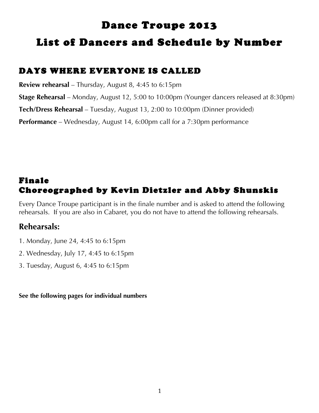 Dance Troupe 2013 List of Dancers and Schedule by Number