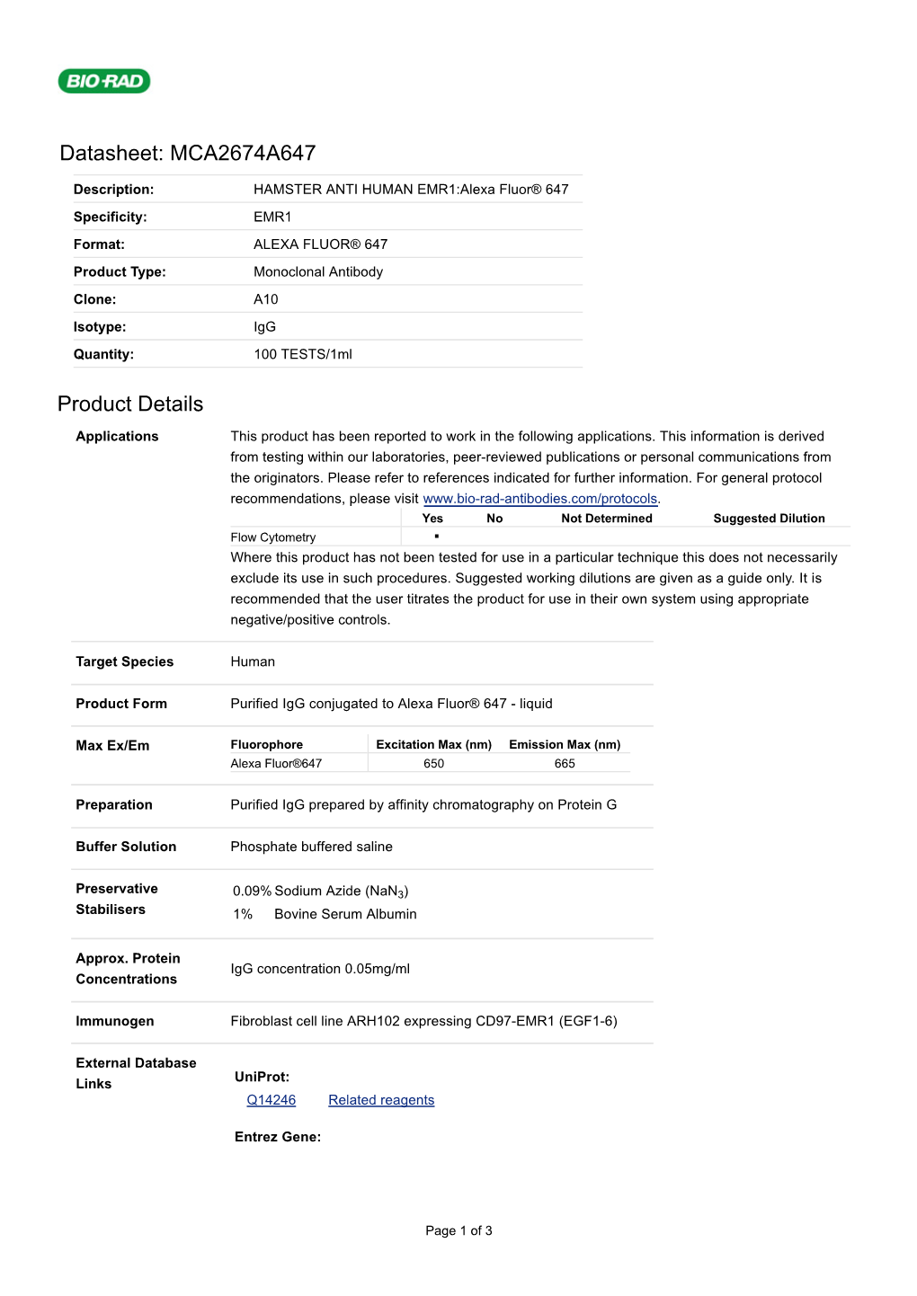 Datasheet: MCA2674A647 Product Details