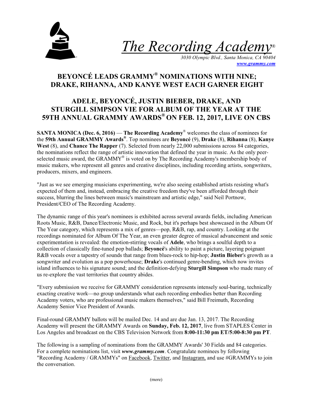 The Recording Academy® Welcomes the Class of Nominees for the 59Th Annual GRAMMY Awards®