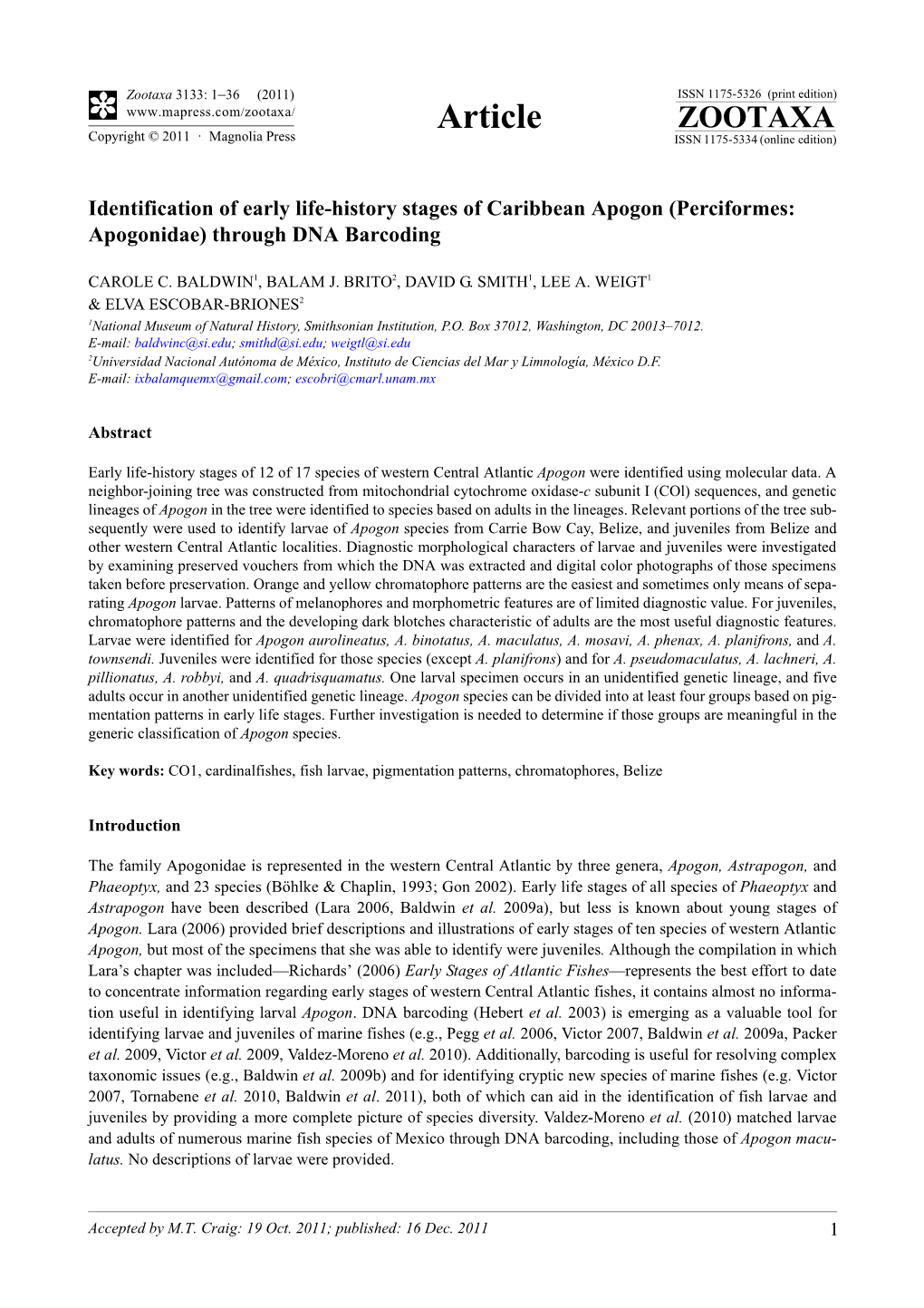 Identification of Early Life-History Stages of Caribbean Apogon (Perciformes: Apogonidae) Through DNA Barcoding