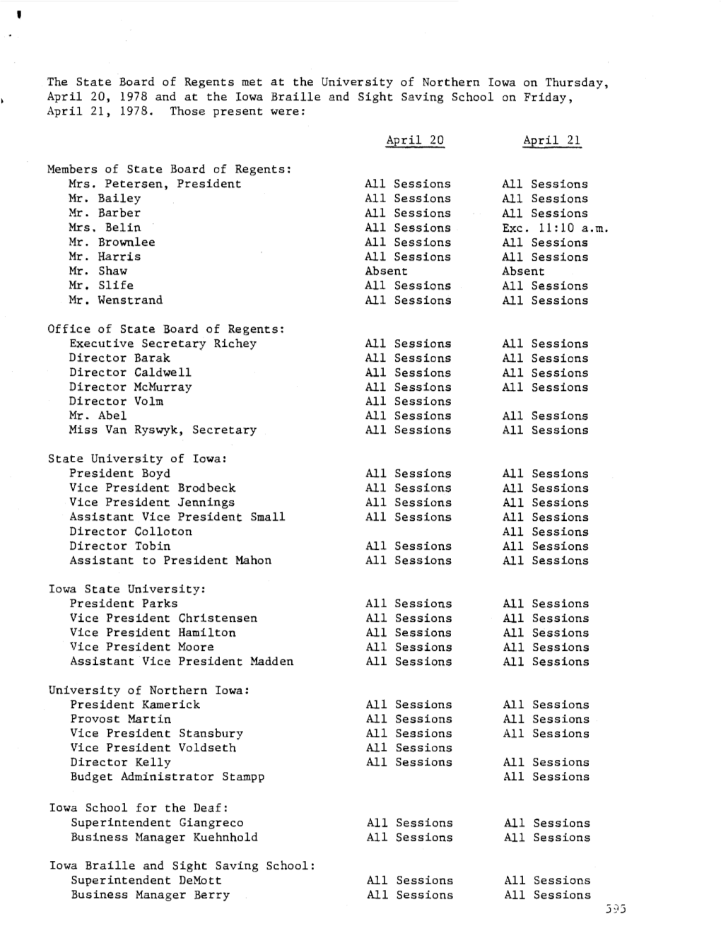 The State Board of Regents Met at the University of Northern Iowa on Thursday, April 20, 1978 and at the Iowa Braille and Sight