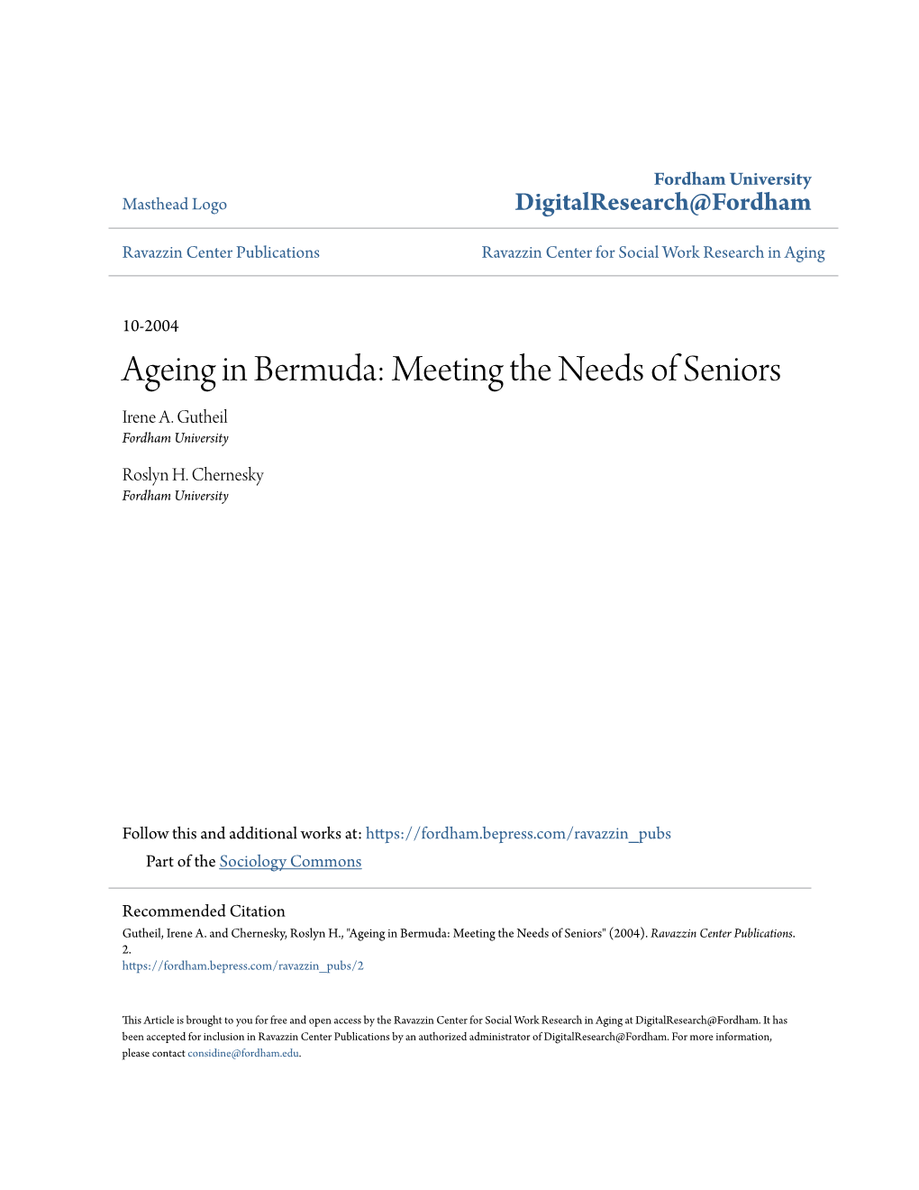 Ageing in Bermuda: Meeting the Needs of Seniors Irene A