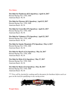 Tire Rule for Ponderosa (KY) Speedway | April 14, 2017 Hoosier Racing Tire: 1350, 1600 American Racer: 48, 56