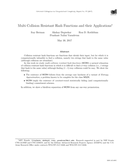 Multi Collision Resistant Hash Functions and Their Applications∗