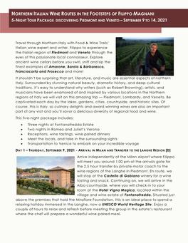 Northern Italian Wine Routes in the Footsteps of Filippo Magnani 5-Night Tour Package Discovering Piedmont and Veneto – September 9 to 14, 2021