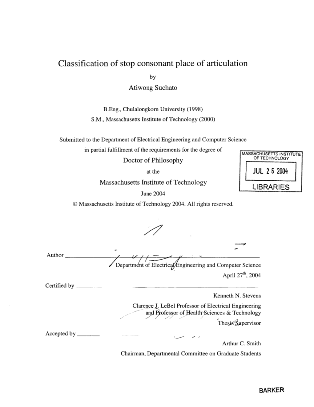 Classification of Stop Consonant Place of Articulation