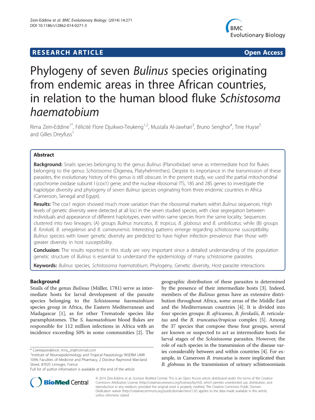 Phylogeny of Seven Bulinus Species Originating from Endemic Areas In