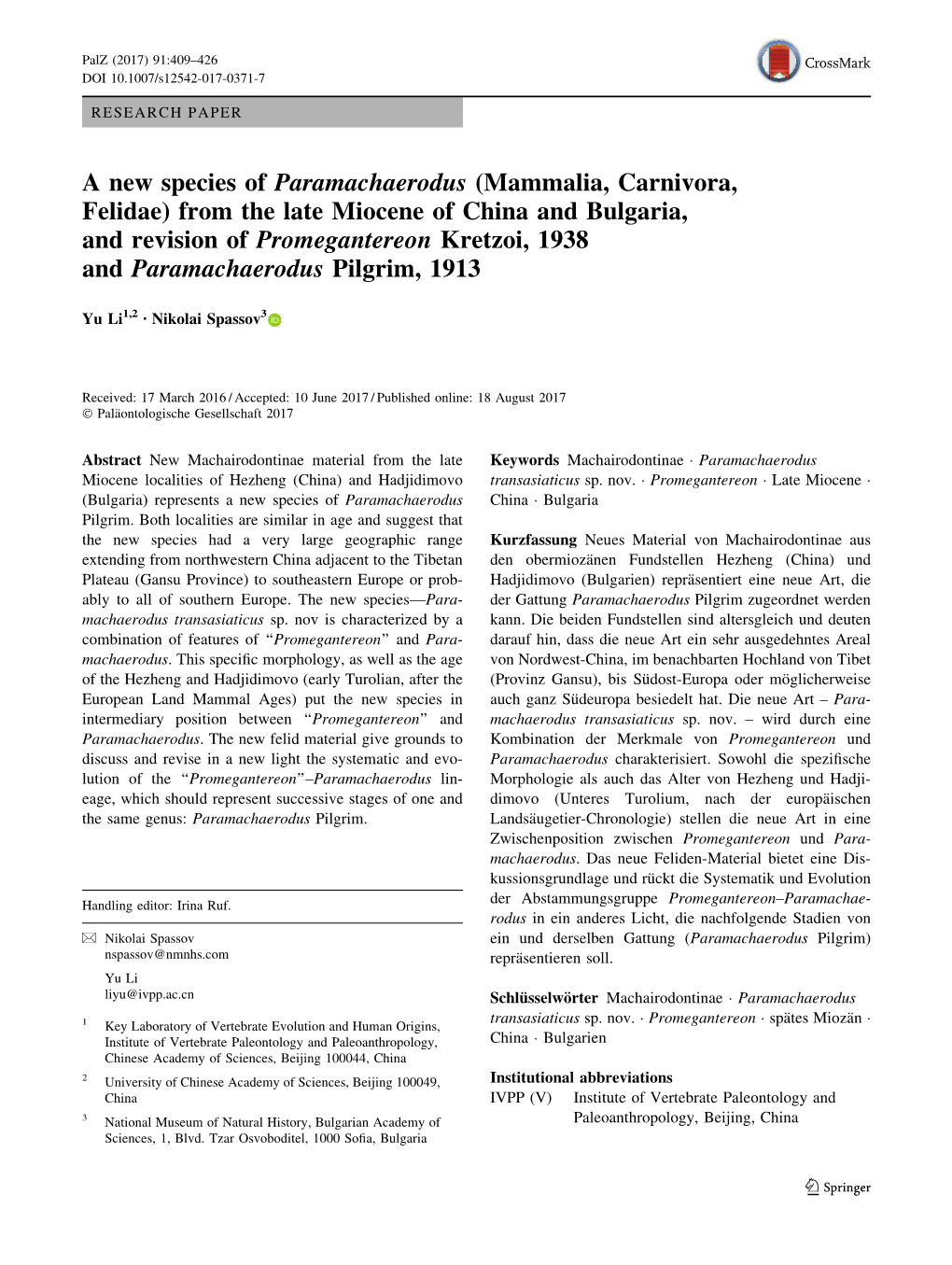 A New Species of Paramachaerodus (Mammalia, Carnivora, Felidae