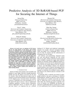 Predictive Analysis of 3D Reram-Based PUF for Securing the Internet of Things