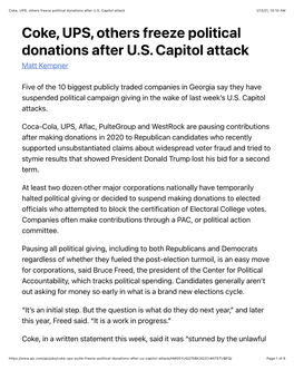 Coke, UPS, Others Freeze Political Donations After U.S. Capitol Attack 1/13/21, 10:10 AM Coke, UPS, Others Freeze Political Donations After U.S