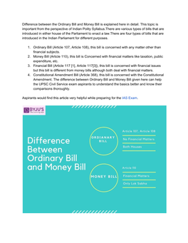Difference Between the Ordinary Bill and Money Bill Is Explained Here in Detail
