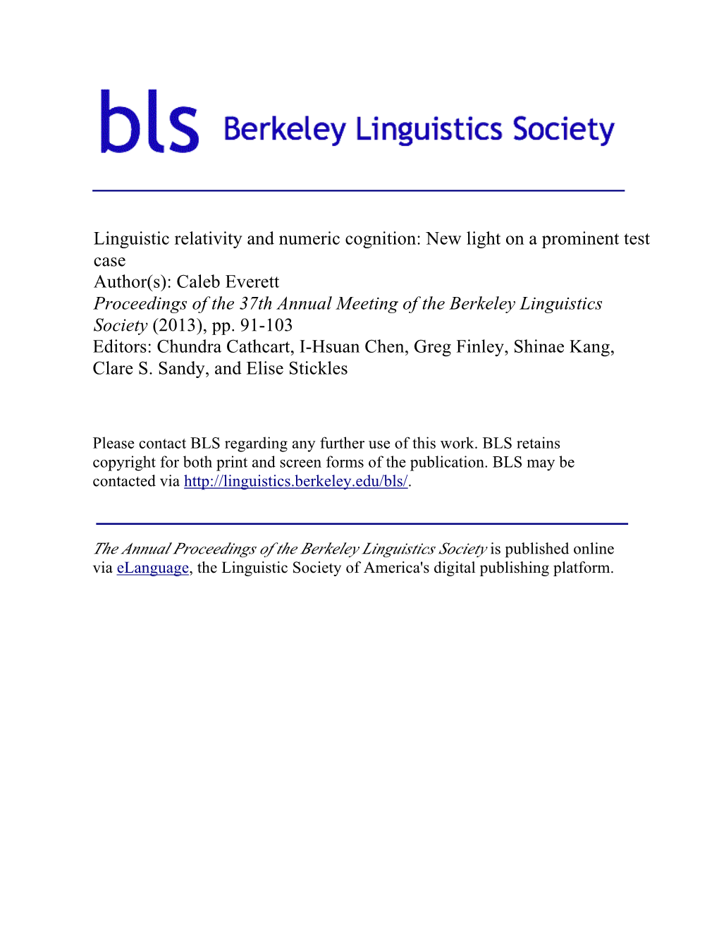 Caleb Everett Proceedings of the 37Th Annual Meeting of the Berkeley Linguistics Society (2013), Pp