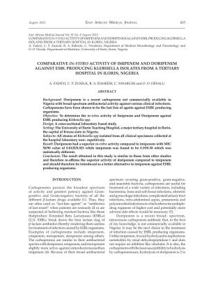 Comparative In-Vitro Activity of Imipenem and Doripenem Against Esbl Producing Klebsiella Isolates from a Tertiary Hospital in Ilorin, Nigeria A