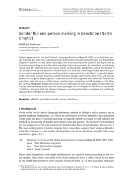 Gender Flip and Person Marking in Benchnon (North Omotic) Matthew Baerman Surrey Morphology Group, University of Surrey, GB M.Baerman@Surrey.Ac.Uk