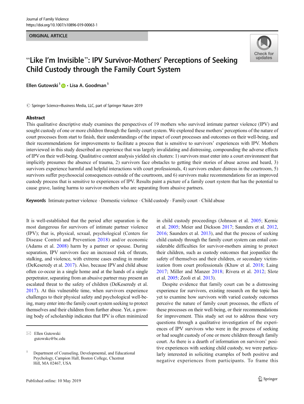 “Like I'm Invisible”: IPV Survivor-Mothers' Perceptions Of