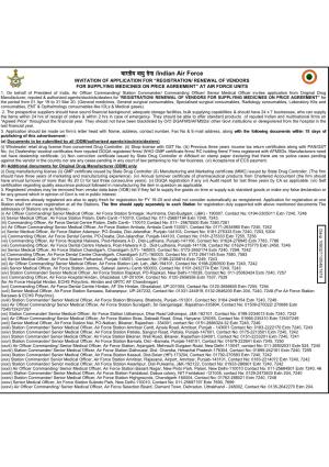 Indian Air Force INVITATION of APPLICATION for “REGISTRATION/ RENEWAL of VENDORS for SUPPLYING MEDICINES on PRICE AGREEMENT” at AIR FORCE UNITS 1