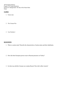AP European History Chapter 13.63 Study Questions Section 63- Backgrounds: the Idea of the Nation-State Name