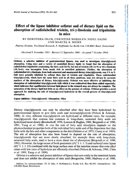 Effect of the Lipase Inhibitor Orlistat and of Dietary Lipid on the Absorption Of