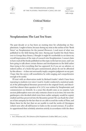 Critical Notice Neoplatonism: the Last Ten Years
