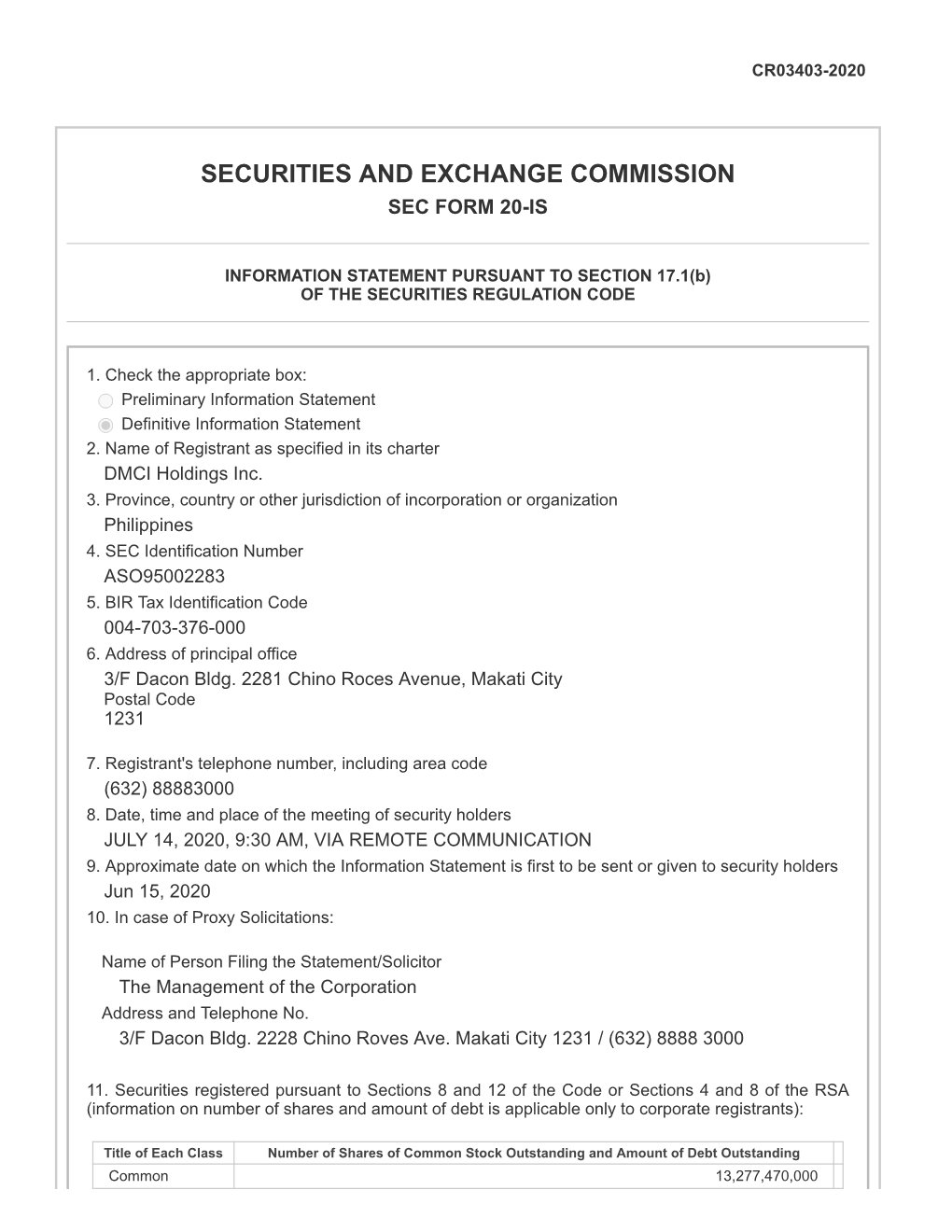 Securities and Exchange Commission Sec Form 20-Is