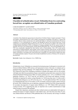 Checklist of Oribatid Mites (Acari: Oribatida) from Two Contrasting Boreal Fens: an Update on Oribatid Mites of Canadian Peatlands