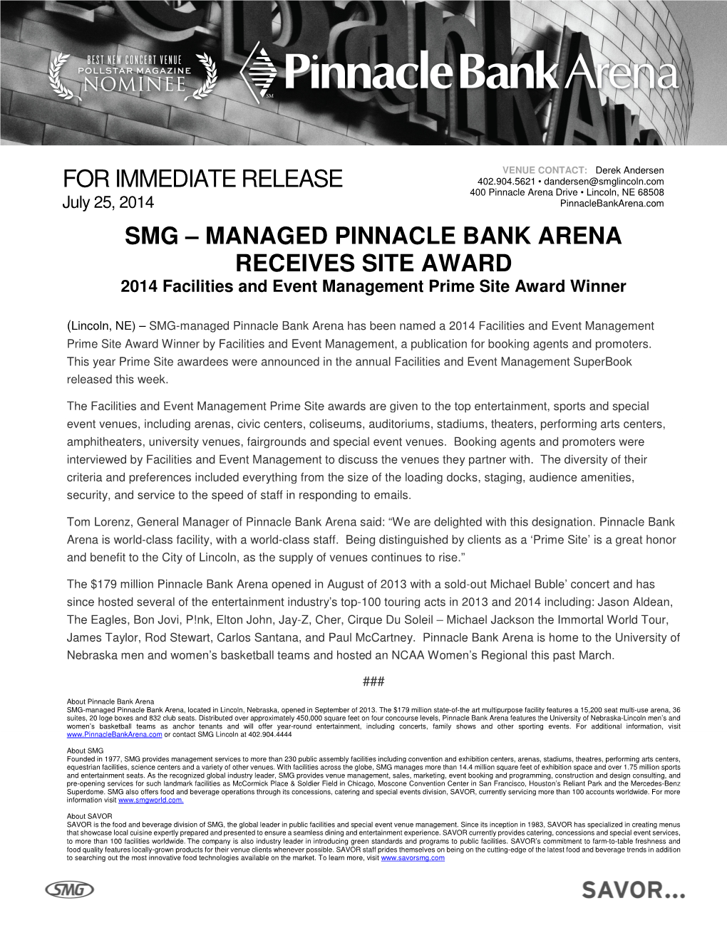For Immediate Release Smg – Managed Pinnacle Bank Arena Receives Site Award