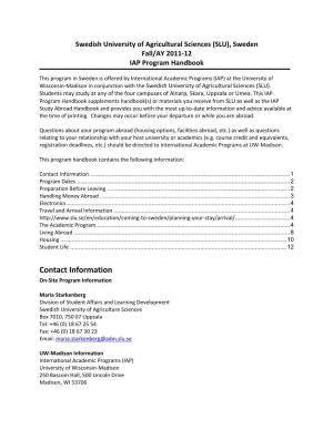(SLU), Sweden Fall/AY 2011-12 IAP Program Handbook