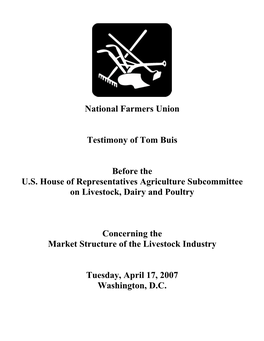 National Farmers Union Testimony of Tom Buis Before the U.S. House Of
