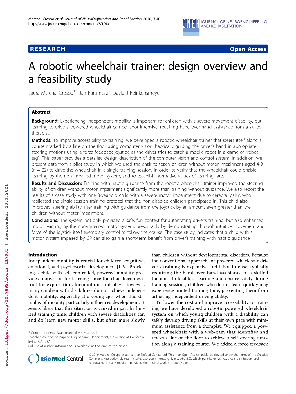 A Robotic Wheelchair Trainer: Design Overview and a Feasibility Study