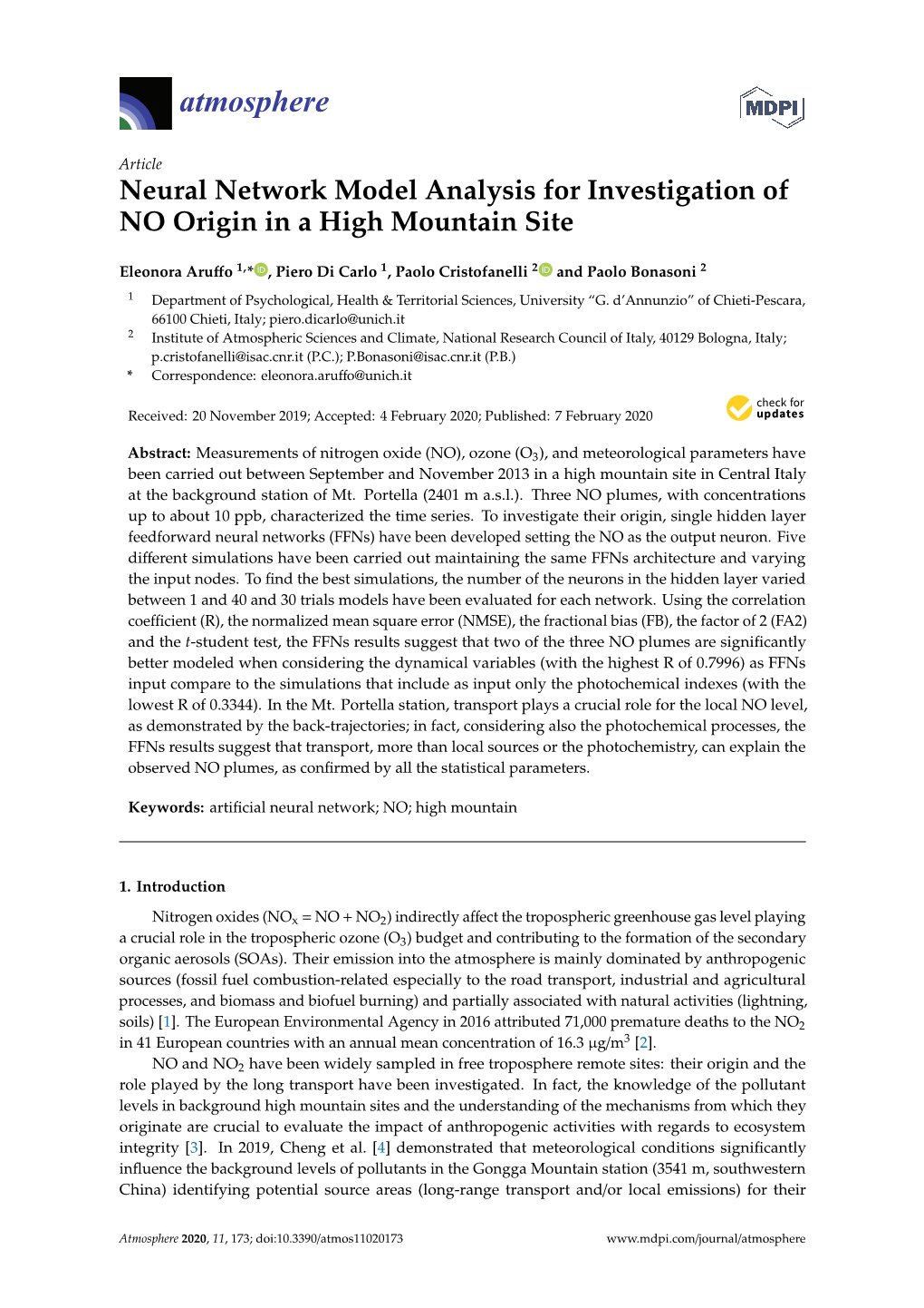Neural Network Model Analysis for Investigation of NO Origin in a High Mountain Site