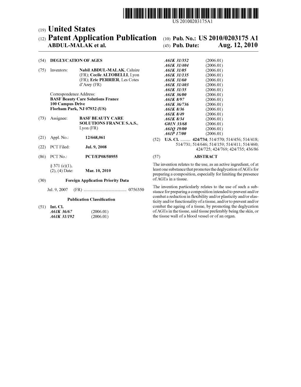 (12) Patent Application Publication (10) Pub. No.: US 2010/0203175 A1 ABDUL-MALAK Et Al