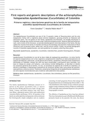 First Reports and Generic Descriptions of the Achlorophyllous Holoparasites Apodanthaceae (Cucurbitales) of Colombia