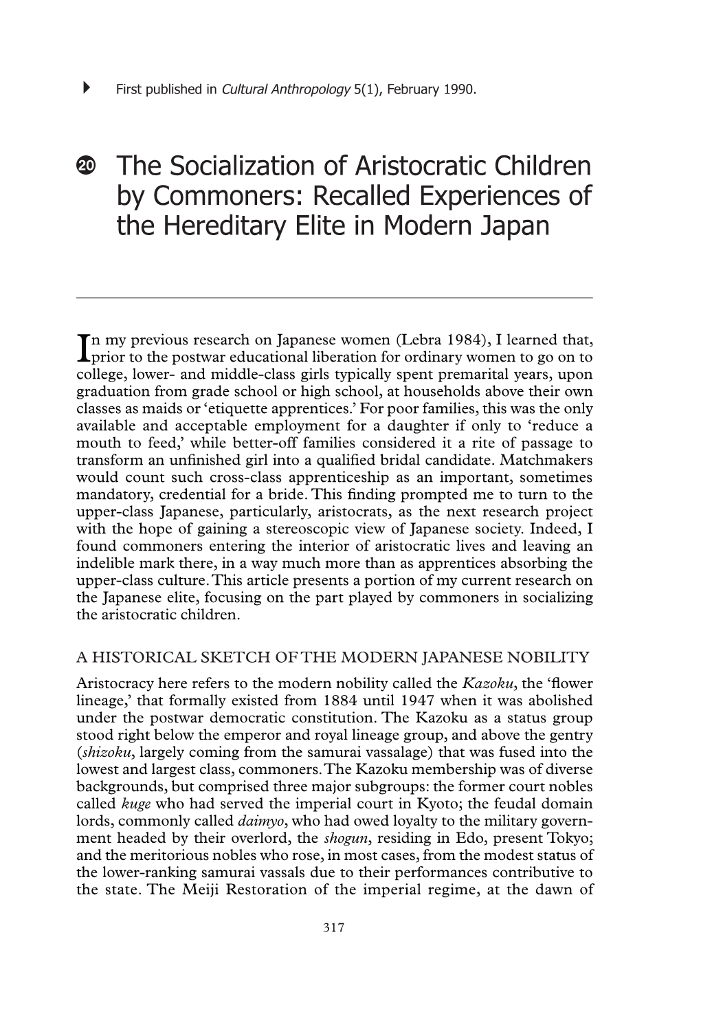 The Socialization of Aristocratic Children by Commoners: Recalled Experiences of the Hereditary Elite in Modern Japan