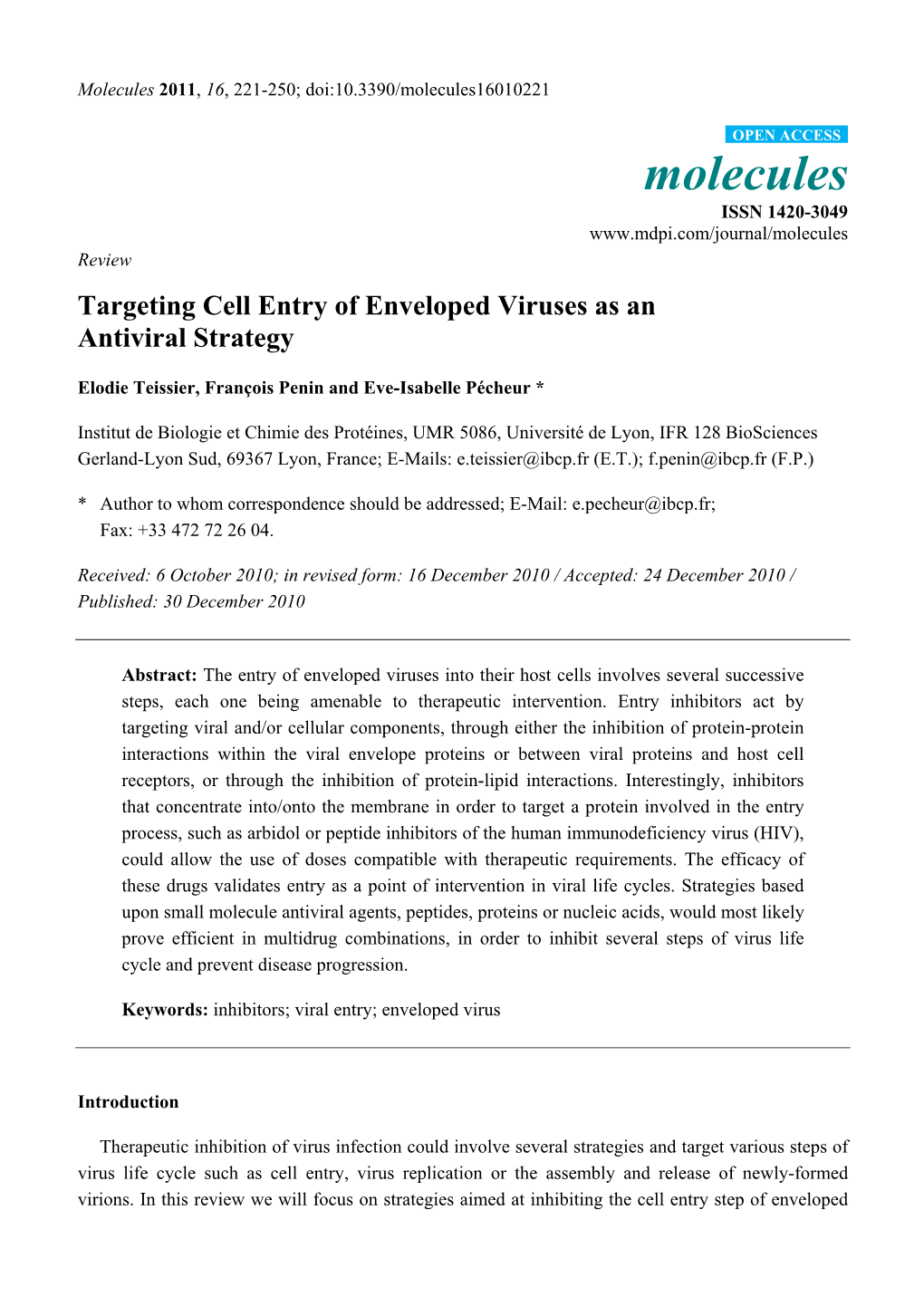 Targeting Cell Entry of Enveloped Viruses As an Antiviral Strategy