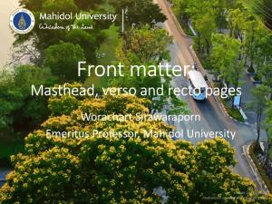 Front Matter: Masterhead, Verso and Recto Pages