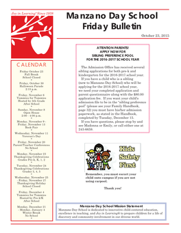 Manzano Day School Friday Bulletin October 23, 2015