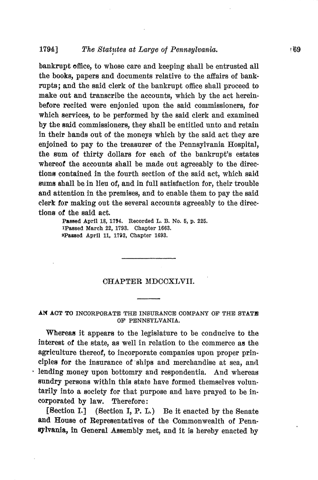 1794] Bankrupt Office, to Whose Care and Keeping Shall Be Entrusted All the Books, Papers and Documents Relative to the Affairs