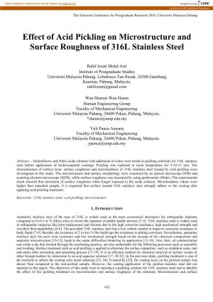 Effect of Acid Pickling on Microstructure and Surface Roughness of 316L Stainless Steel