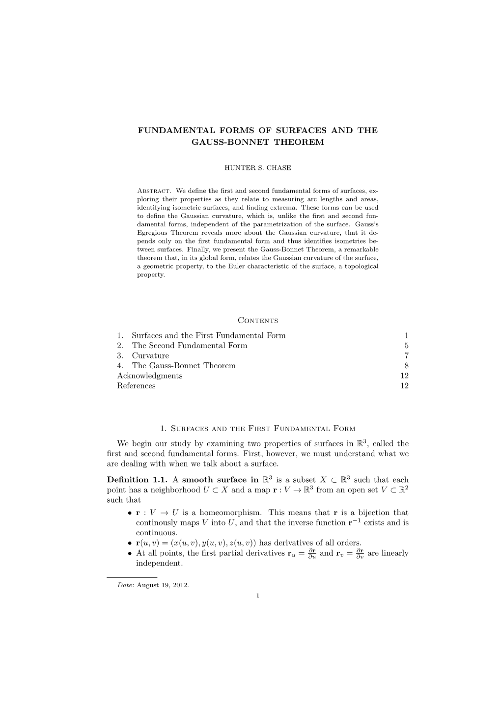 Fundamental Forms of Surfaces and the Gauss-Bonnet Theorem