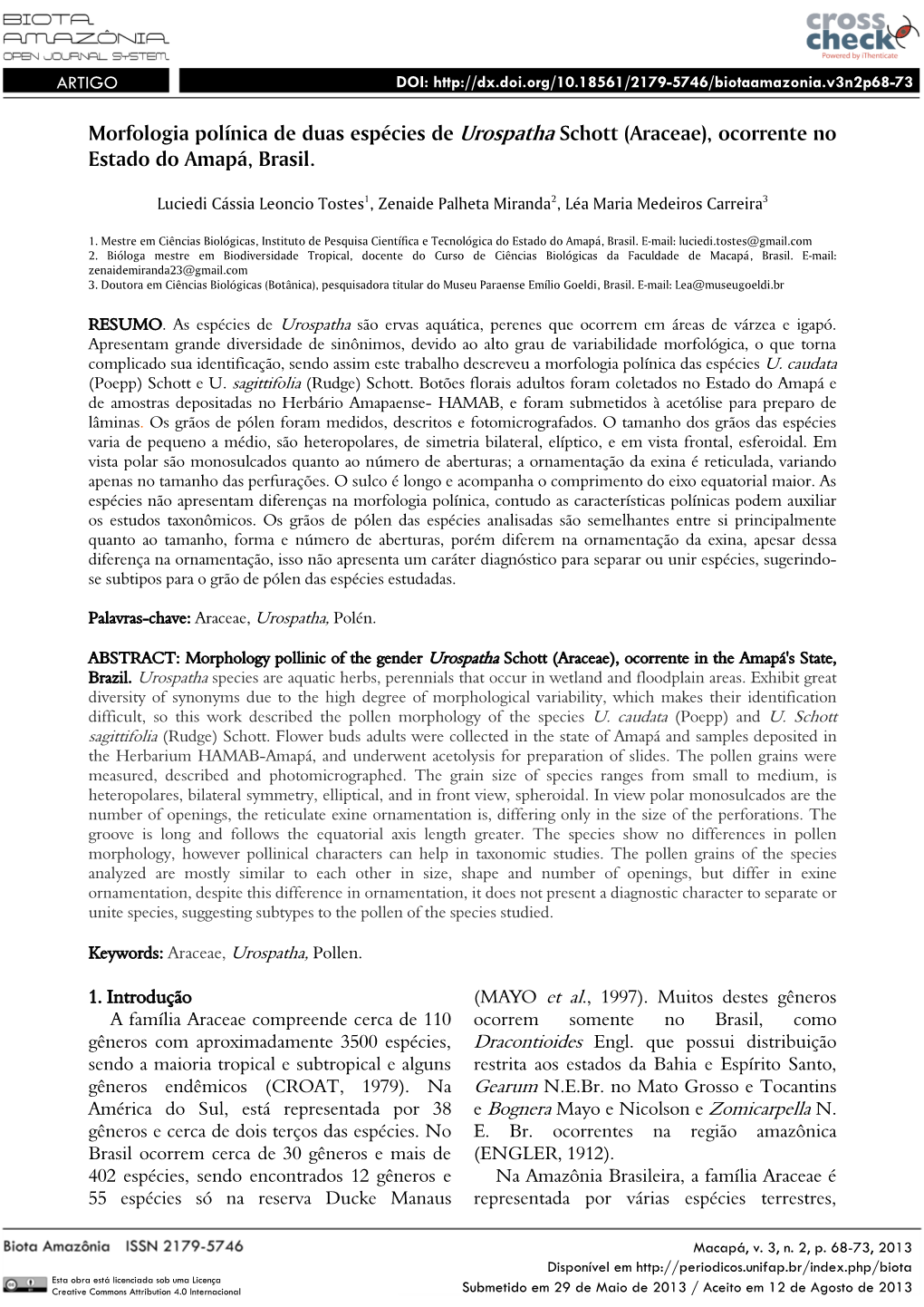 Morfologia Polínica Do Gênero Urospatha Schott (Araceae