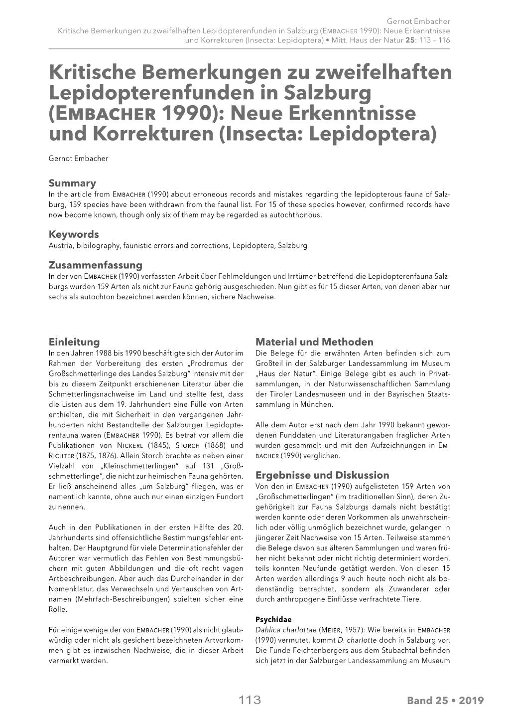 Embacher 1990): Neue Erkenntnisse Und Korrekturen (Insecta: Lepidoptera) • Mitt