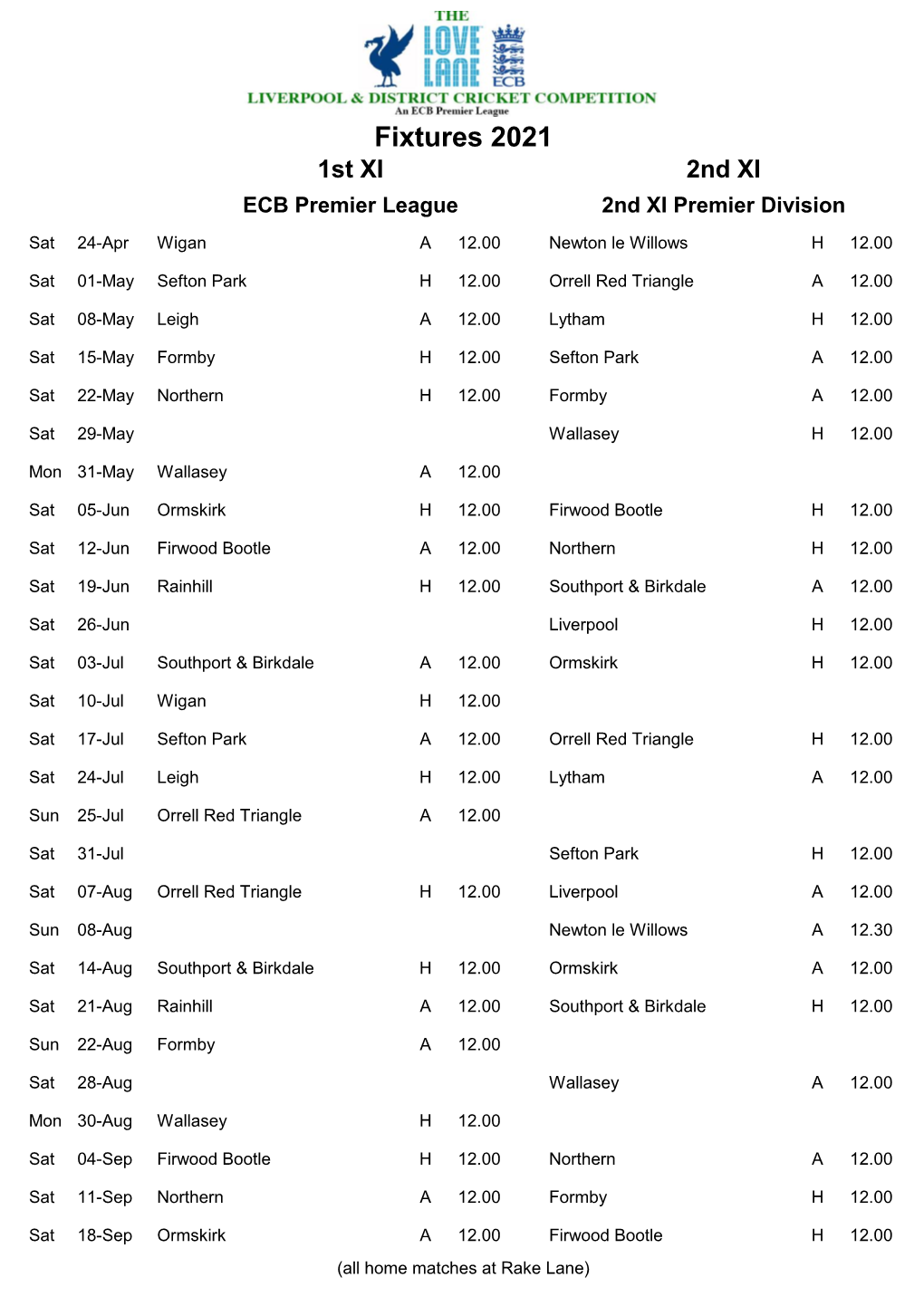 Fixtures 2021 1St XI 2Nd XI ECB Premier League 2Nd XI Premier Division