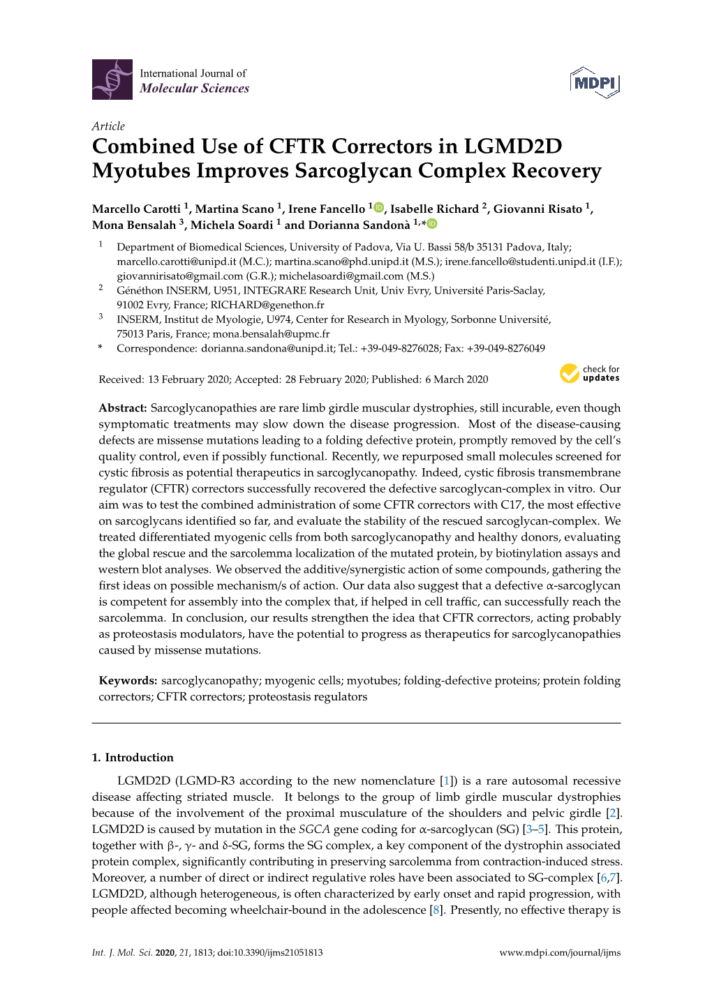 Combined Use of CFTR Correctors in LGMD2D Myotubes Improves Sarcoglycan Complex Recovery