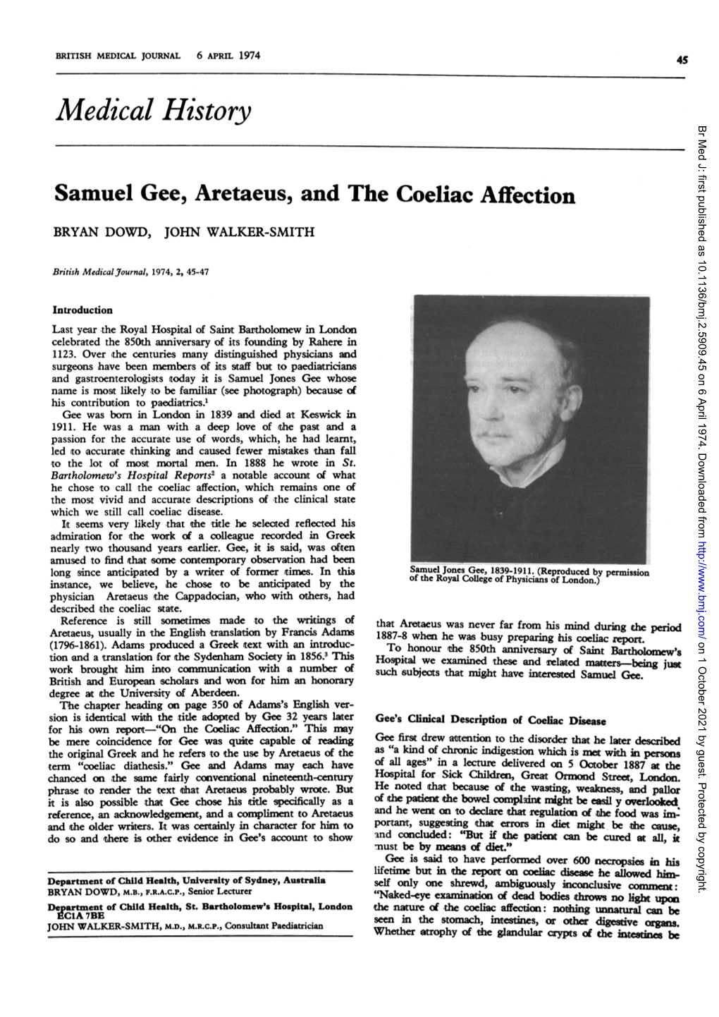 Samuel Gee, Aretaeus, and the Coeliac Affection