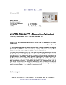 ALBERTO GIACOMETTI: Giacometti in Switzerland