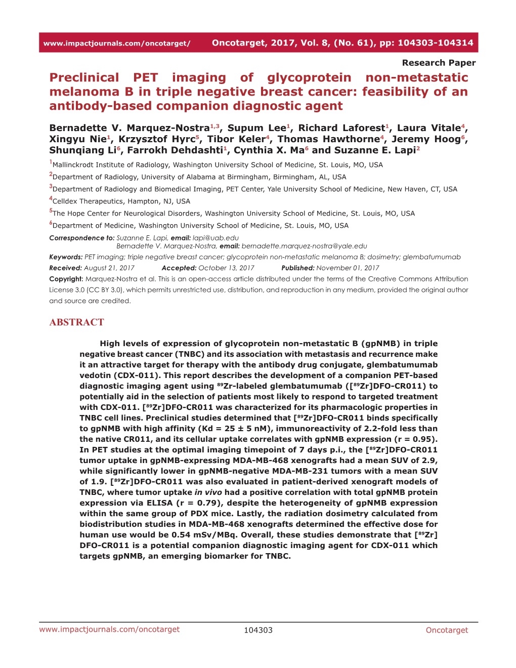 Preclinical PET Imaging of Glycoprotein Non-Metastatic Melanoma B in Triple Negative Breast Cancer: Feasibility of an Antibody-Based Companion Diagnostic Agent