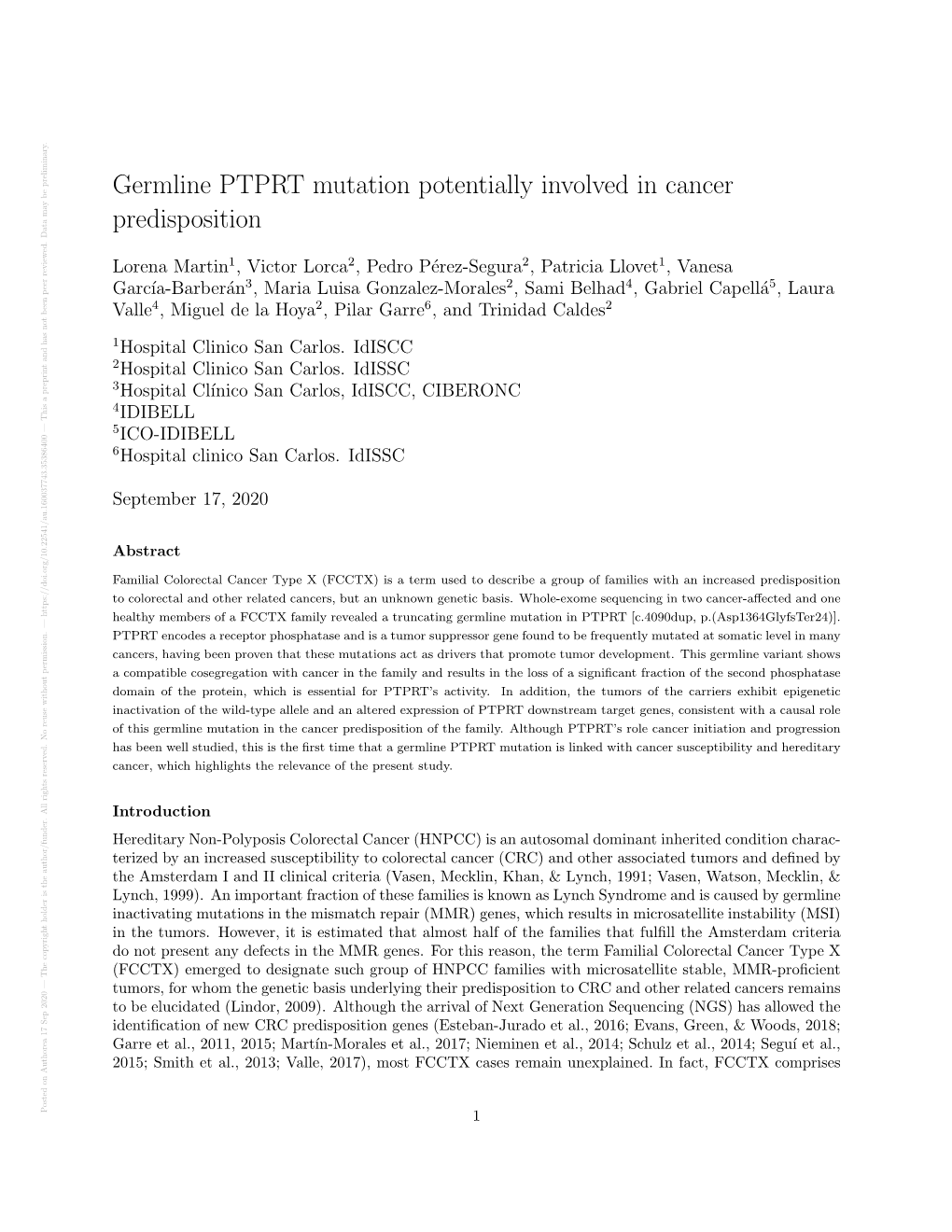 Germline PTPRT Mutation Potentially Involved in Cancer Predisposition