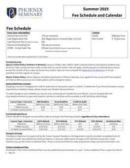 Summer 2019 Fee Schedule and Calendar