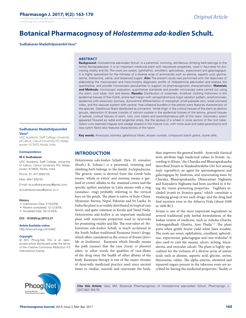 Botanical Pharmacognosy of Holostemma Ada-Kodien Schult